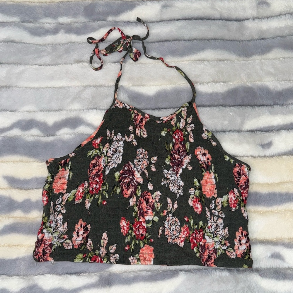 Olive Green and Floral Halter Top